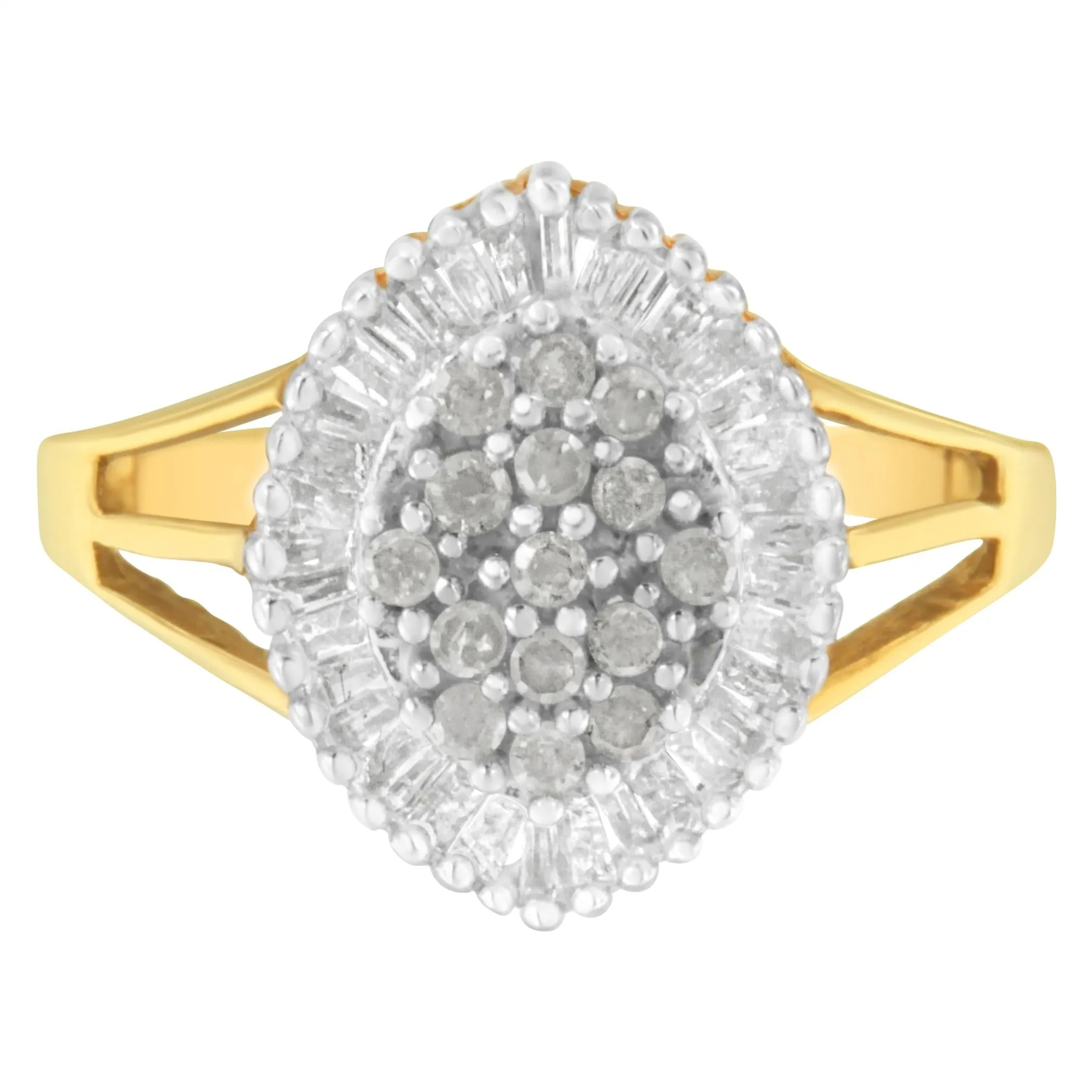 10K Yellow Gold 1/2 Cttw Baguette & Round Diamond Marquise-Shaped Cluster Halo Ring (I-J Color, I3 Clarity)