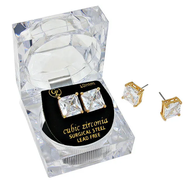 10mm Square Cut Crystal Cubic Zirconia CZ Earrings Clear Box