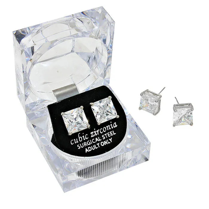 10mm Square Cut Crystal Cubic Zirconia CZ Earrings Clear Box