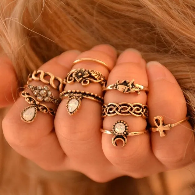 10Pcs/Set Ethnic Vintage Elephant Ring Set Carved Flower Bohemian Ring Silver Plated Wedding Rings Bague Femme Fashion Jewelry