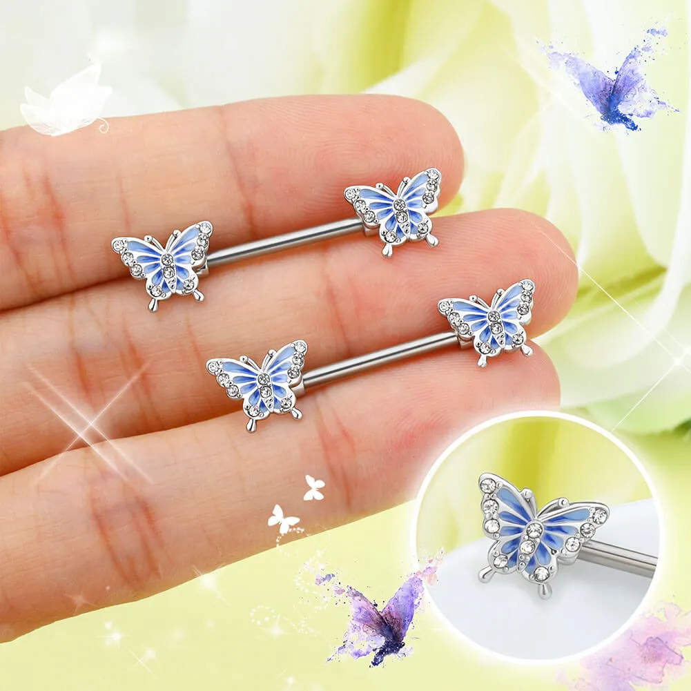 14G Blue Butterfly Nipple Barbell Rings