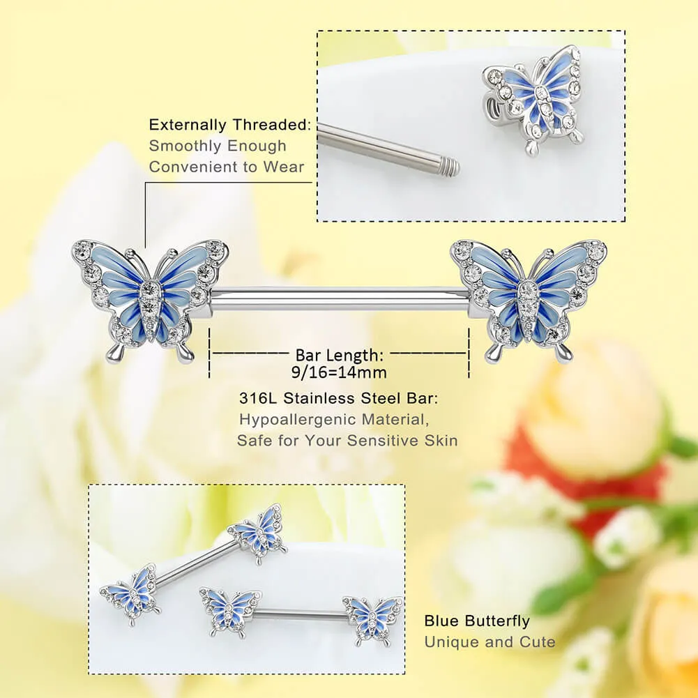 14G Blue Butterfly Nipple Barbell Rings