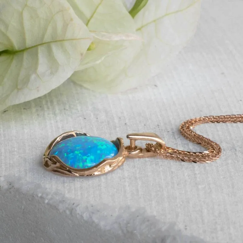 14K Rose Gold Round Blue Opal 12mm Pendant