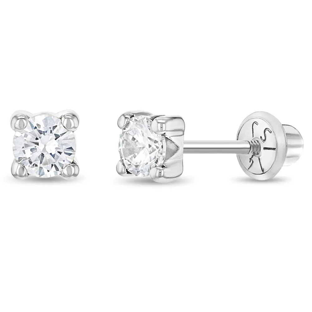 14k White Gold 4 Prong CZ Solitaire 2-4mm Baby / Toddler / Kids Earrings Safety Screw Back