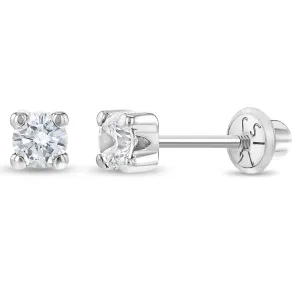 14k White Gold 4 Prong CZ Solitaire 2-4mm Baby / Toddler / Kids Earrings Safety Screw Back