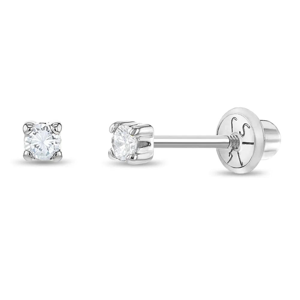 14k White Gold 4 Prong CZ Solitaire 2-4mm Baby / Toddler / Kids Earrings Safety Screw Back