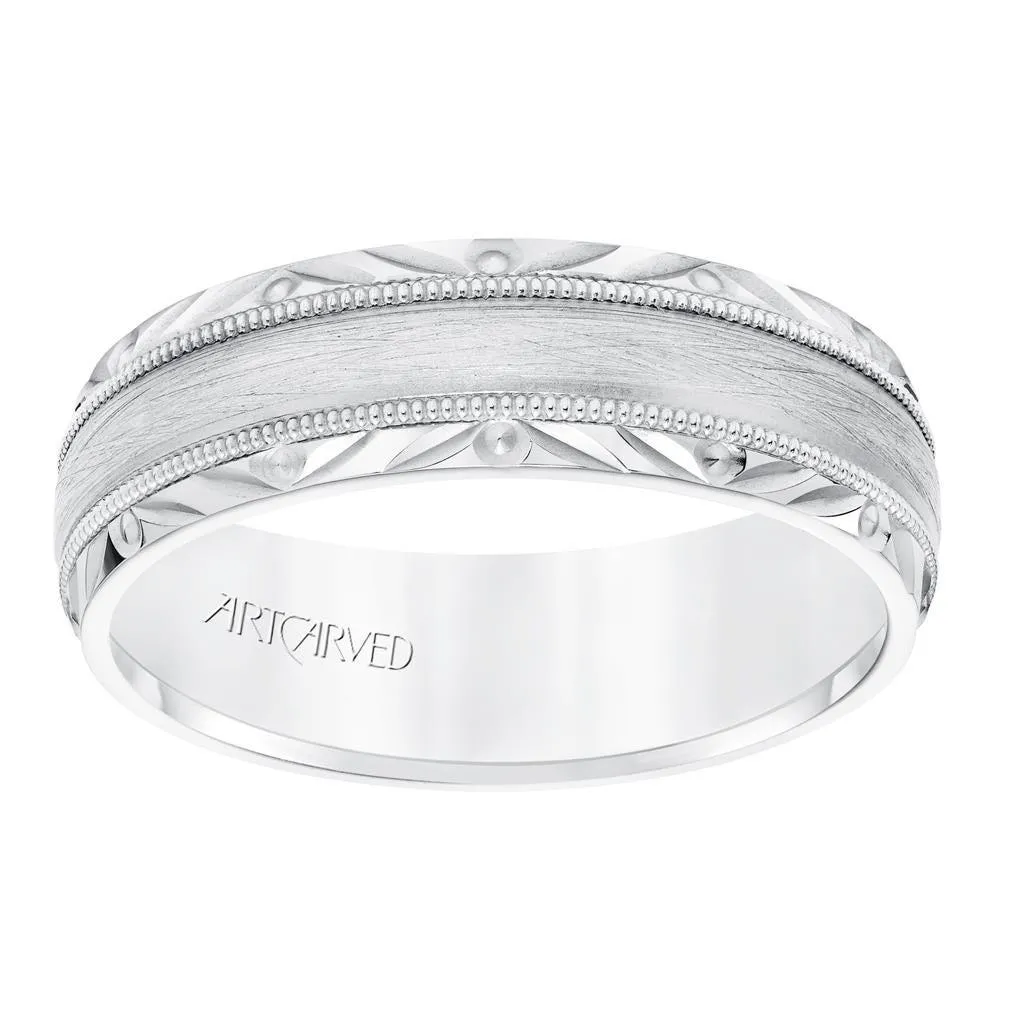 14k White Gold Wedding Band Wire Brushed Finish Center with Milgrain Accents Beveled Edges- 6.5 mm