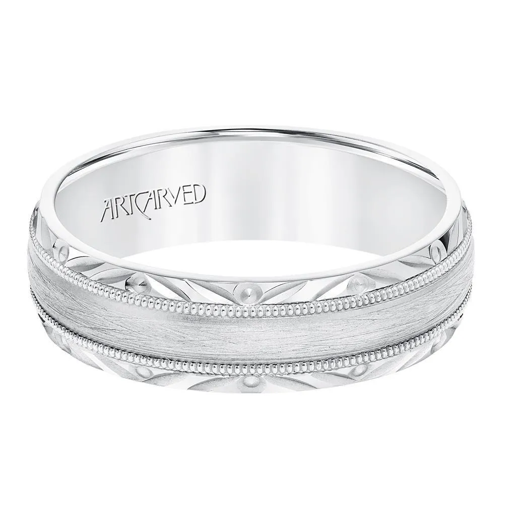 14k White Gold Wedding Band Wire Brushed Finish Center with Milgrain Accents Beveled Edges- 6.5 mm