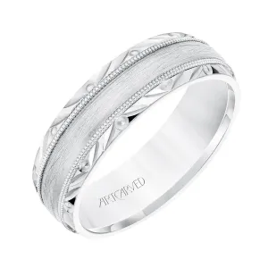 14k White Gold Wedding Band Wire Brushed Finish Center with Milgrain Accents Beveled Edges- 6.5 mm