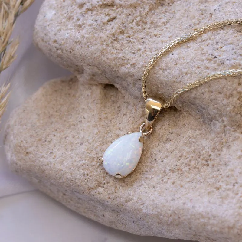 14K Yellow Gold Teardrop White Opal 7X10mm Pendant