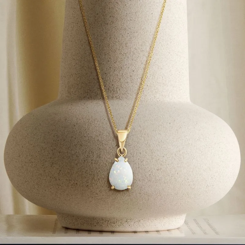 14K Yellow Gold Teardrop White Opal 7X10mm Pendant