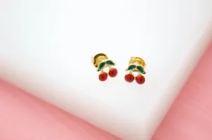 18K Gold Filled Red Cherries Stud Earrings