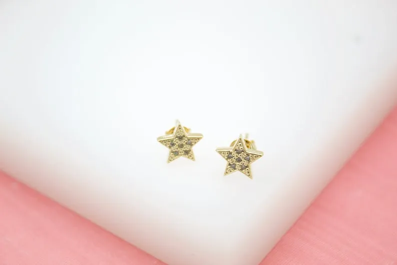 18K Gold Filled Star Stud Earrings With Micro CZ Stones