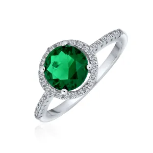 3CT Green Simulated Emerald Engagement Ring with CZ Halo in Sterling Silver