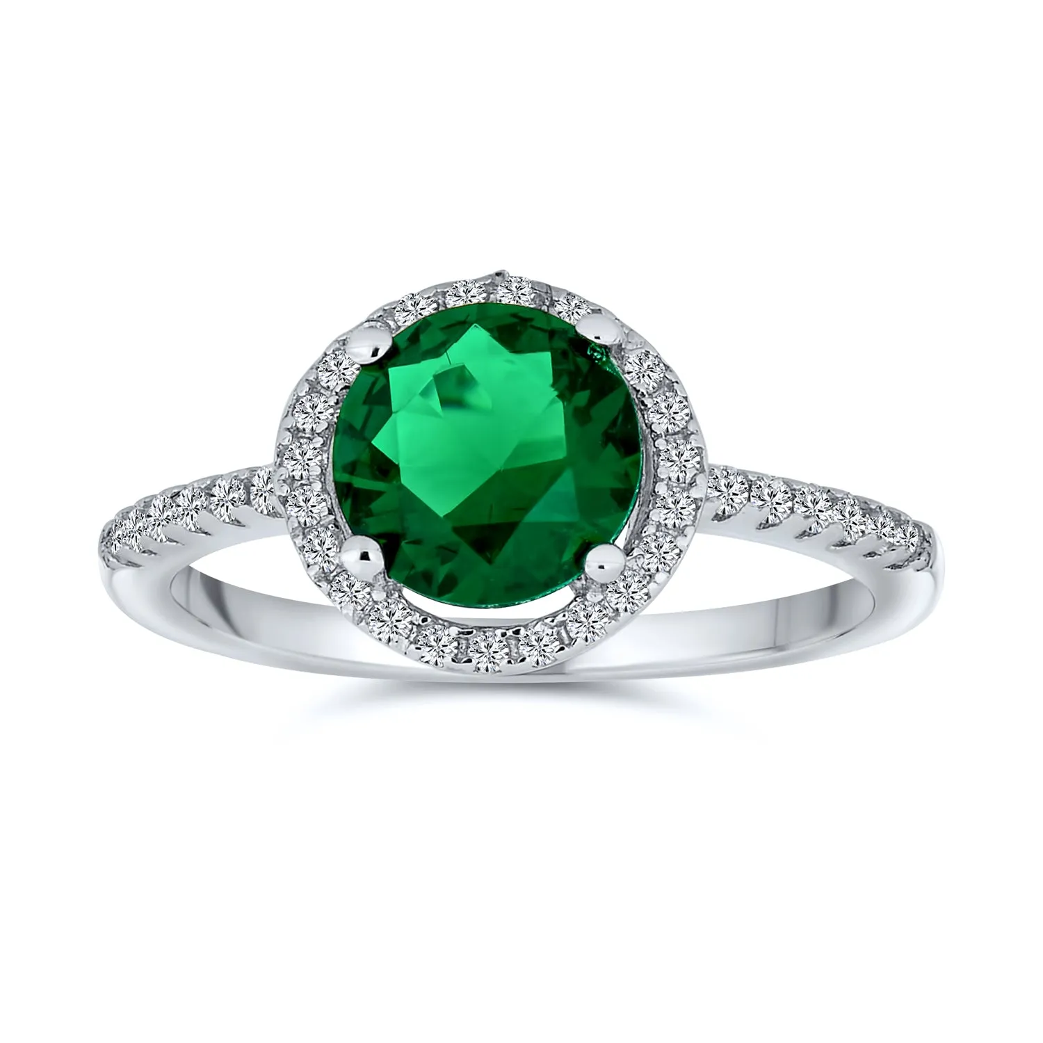 3CT Green Simulated Emerald Engagement Ring with CZ Halo in Sterling Silver