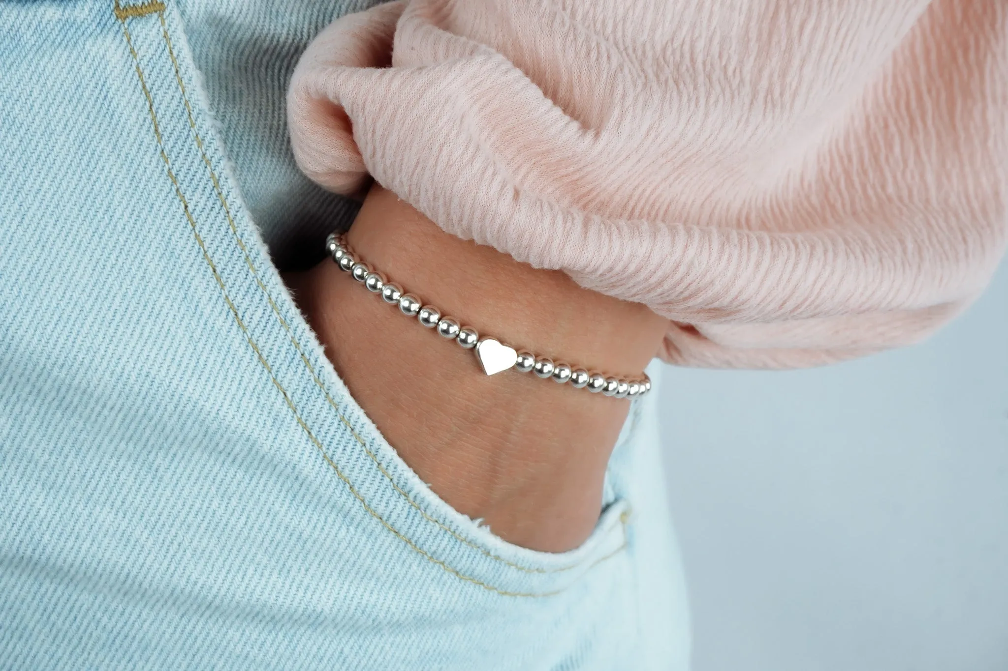 925 Sterling Silver Heart Bracelet, Sterling Silver Stretch Bracelet, Heart Bracelet, Stacked Bracelets