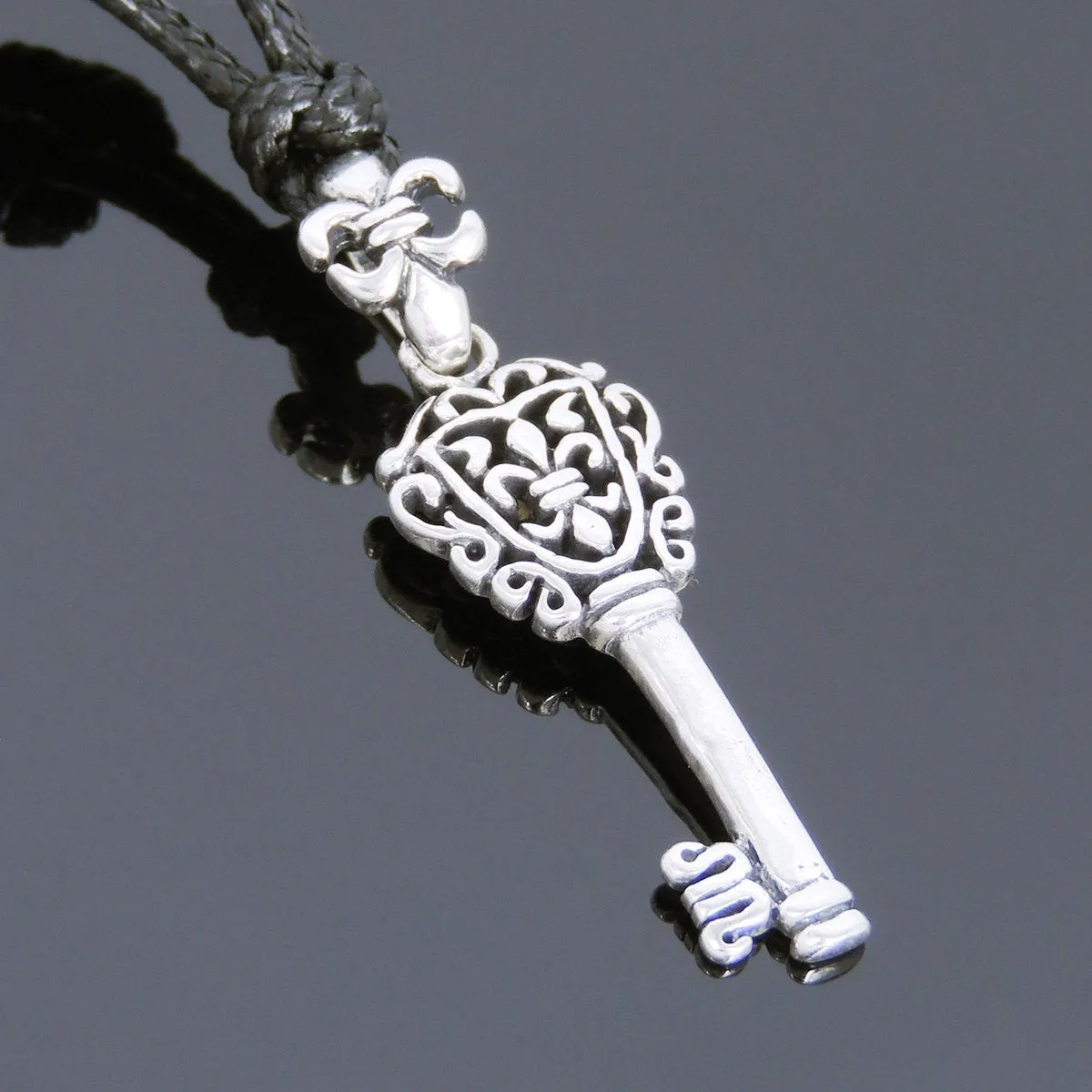 925 Sterling Silver Key of Fleur de Lis Pendant Handmade Adjustable Wax Rope Necklace Men Women DiyNotion NK121