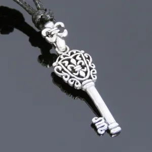 925 Sterling Silver Key of Fleur de Lis Pendant Handmade Adjustable Wax Rope Necklace Men Women DiyNotion NK121