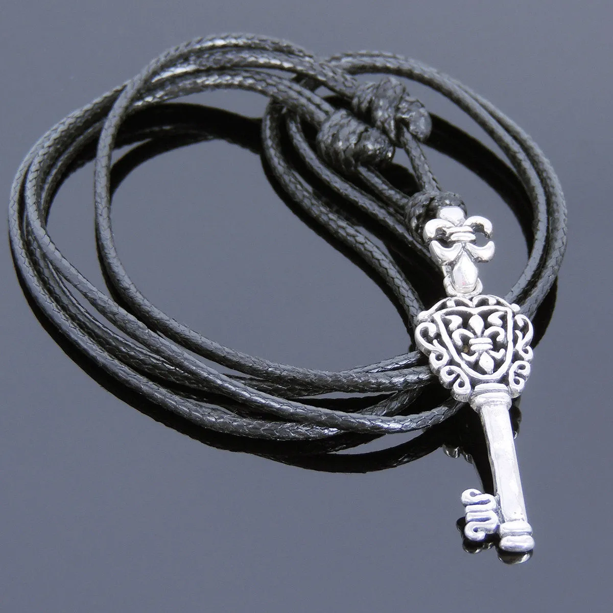 925 Sterling Silver Key of Fleur de Lis Pendant Handmade Adjustable Wax Rope Necklace Men Women DiyNotion NK121