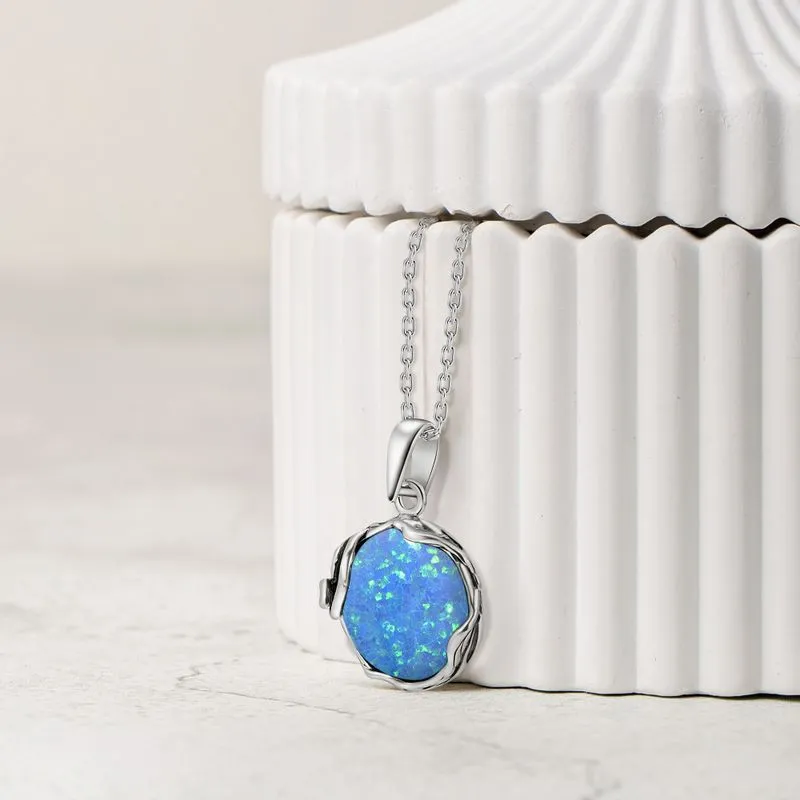 925 Sterling Silver Round Blue Opal 14mm Pendant