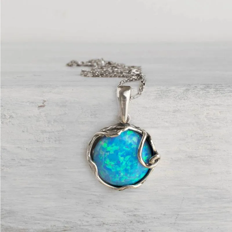 925 Sterling Silver Round Blue Opal 14mm Pendant