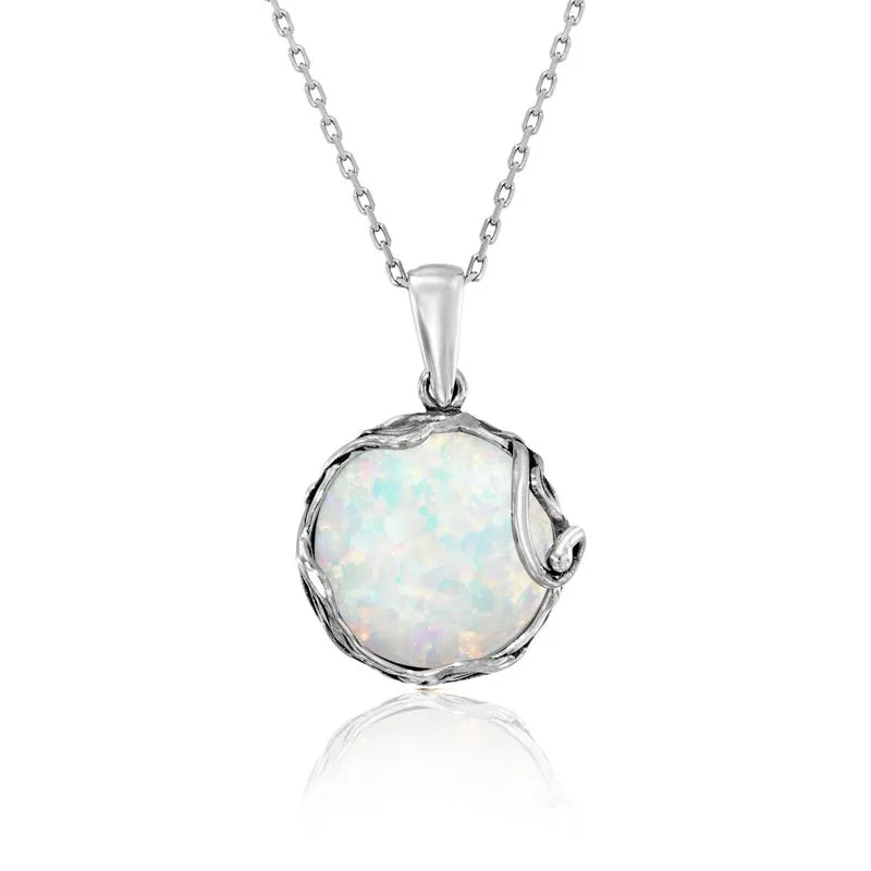 925 Sterling Silver Round White Opal 14mm Pendant