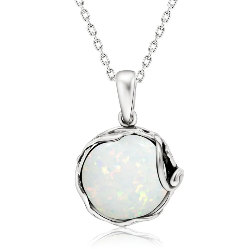 925 Sterling Silver Round White Opal 14mm Pendant