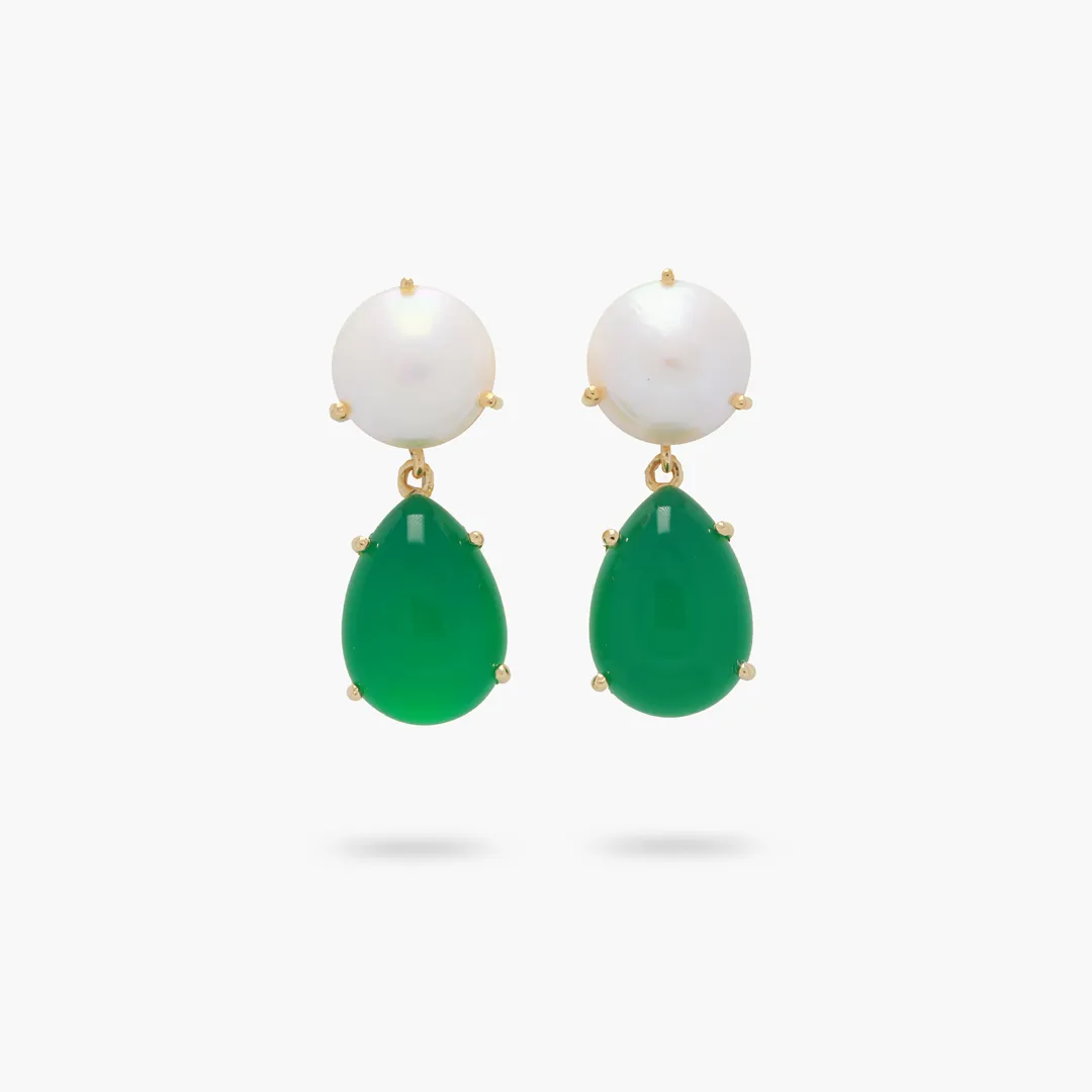 Amare Wear Freshwater Pearl and Teardrop Green Onyx Statement Earring