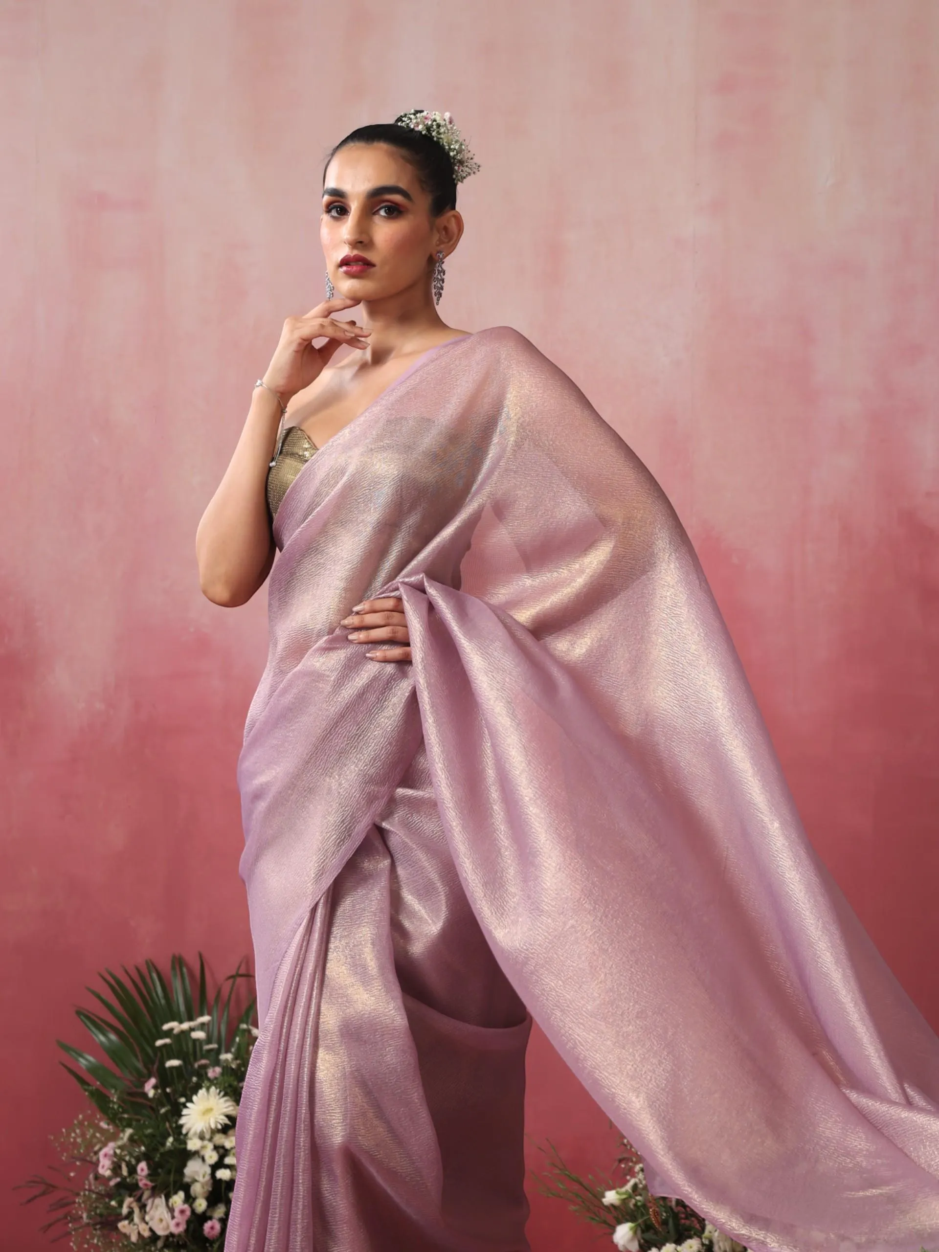 Angelic Lavender Gold Crushed Organza Saree With Pendants