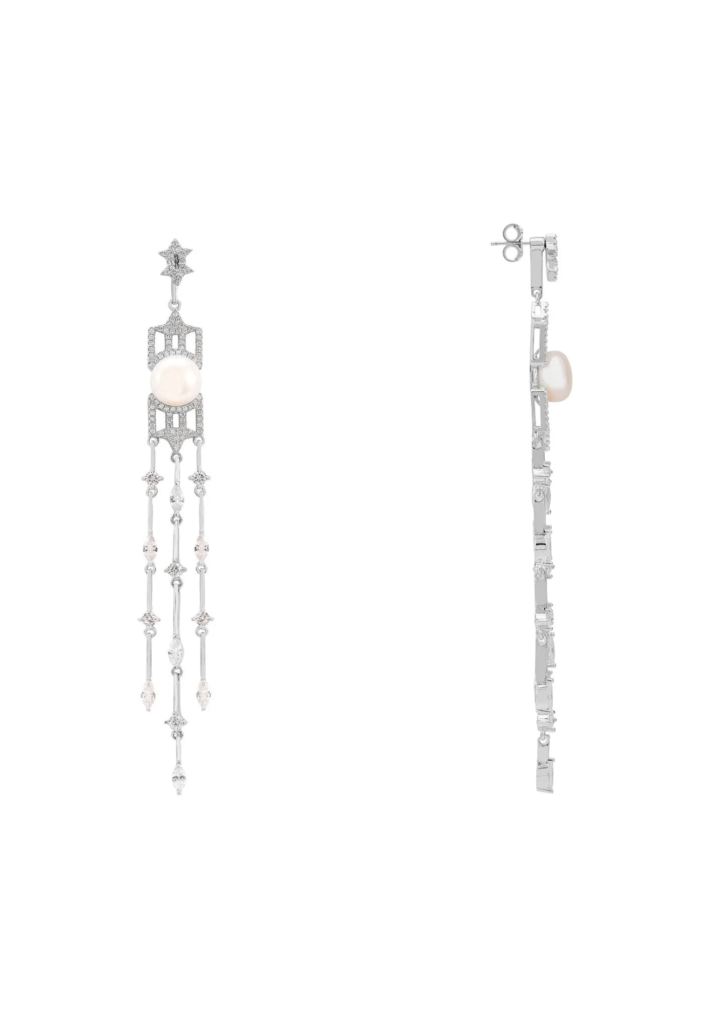 Belgravia Pearl & Sparkle Long Drop Earrings Silver