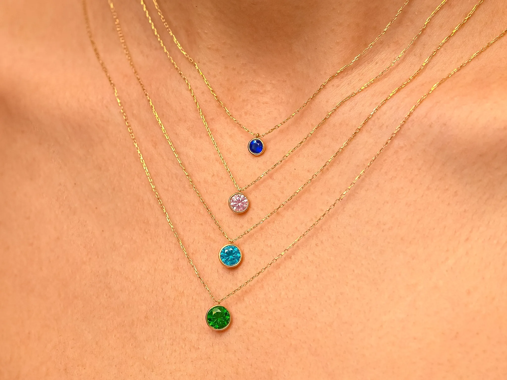 Bezel Set Round Birthstone Solitaire Necklace in 14k Solid Gold