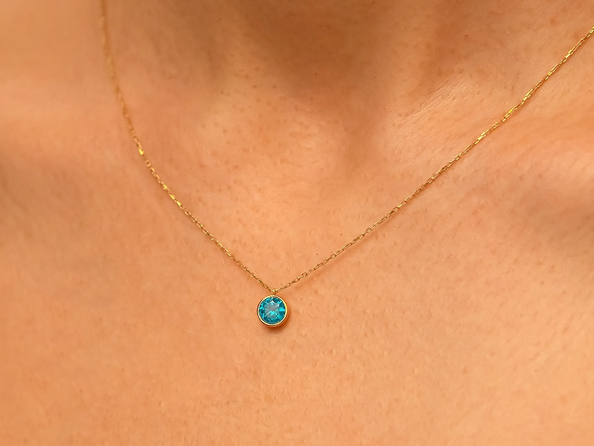 Bezel Set Round Birthstone Solitaire Necklace in 14k Solid Gold