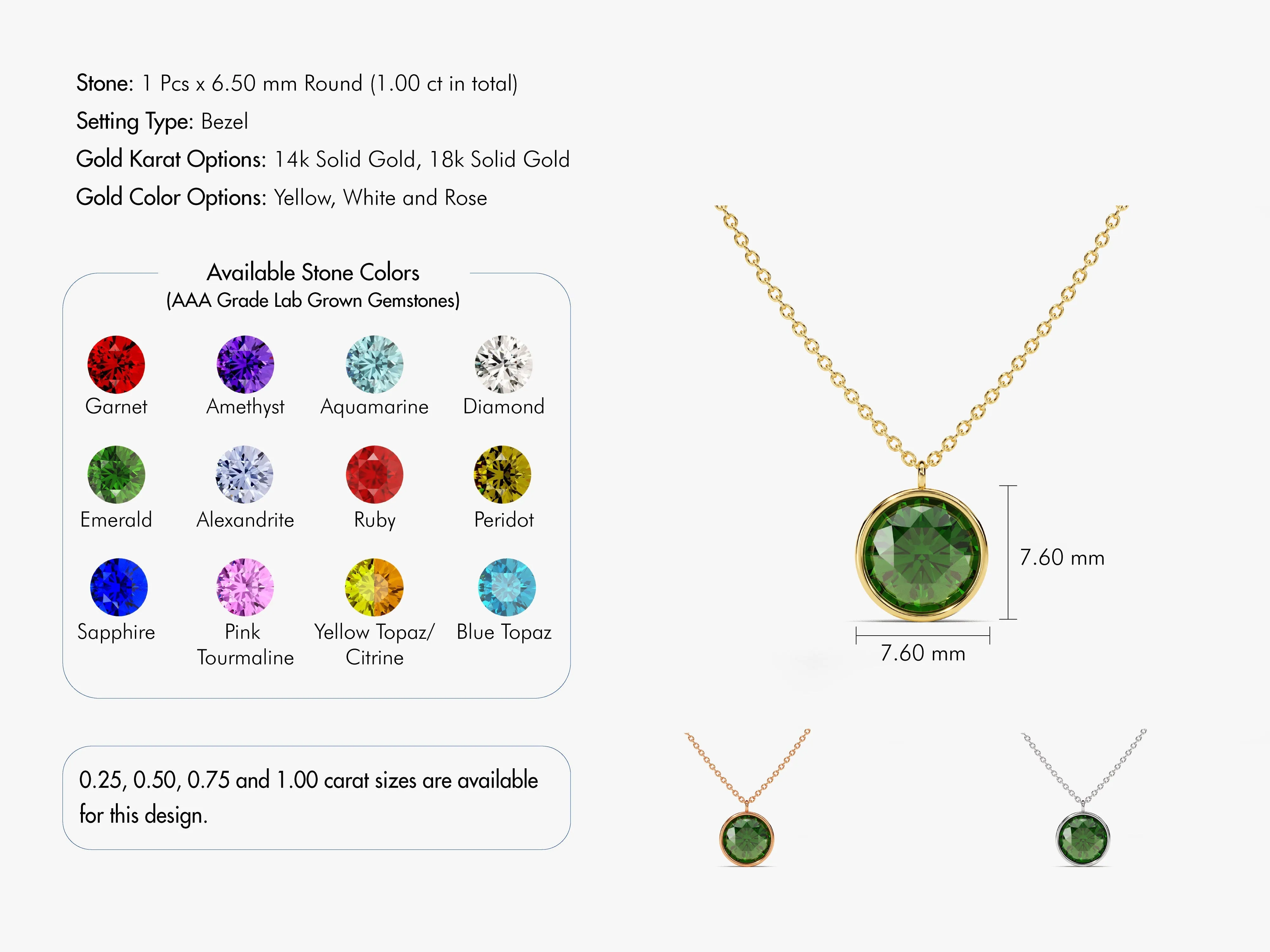 Bezel Set Round Birthstone Solitaire Necklace in 14k Solid Gold