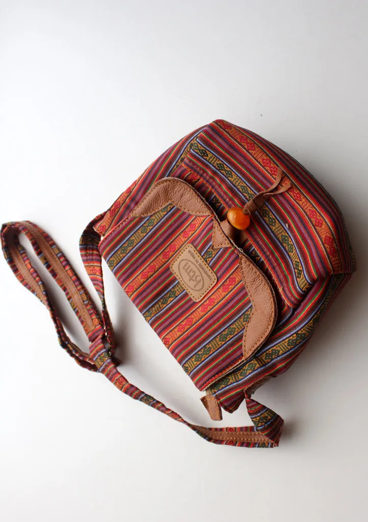 Bhutanese Fabric Multicolor Side Carry Cotton Bag With Leather Edging