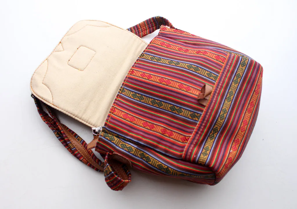 Bhutanese Fabric Multicolor Side Carry Cotton Bag With Leather Edging