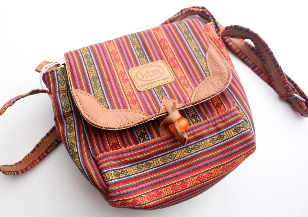 Bhutanese Fabric Multicolor Side Carry Cotton Bag With Leather Edging