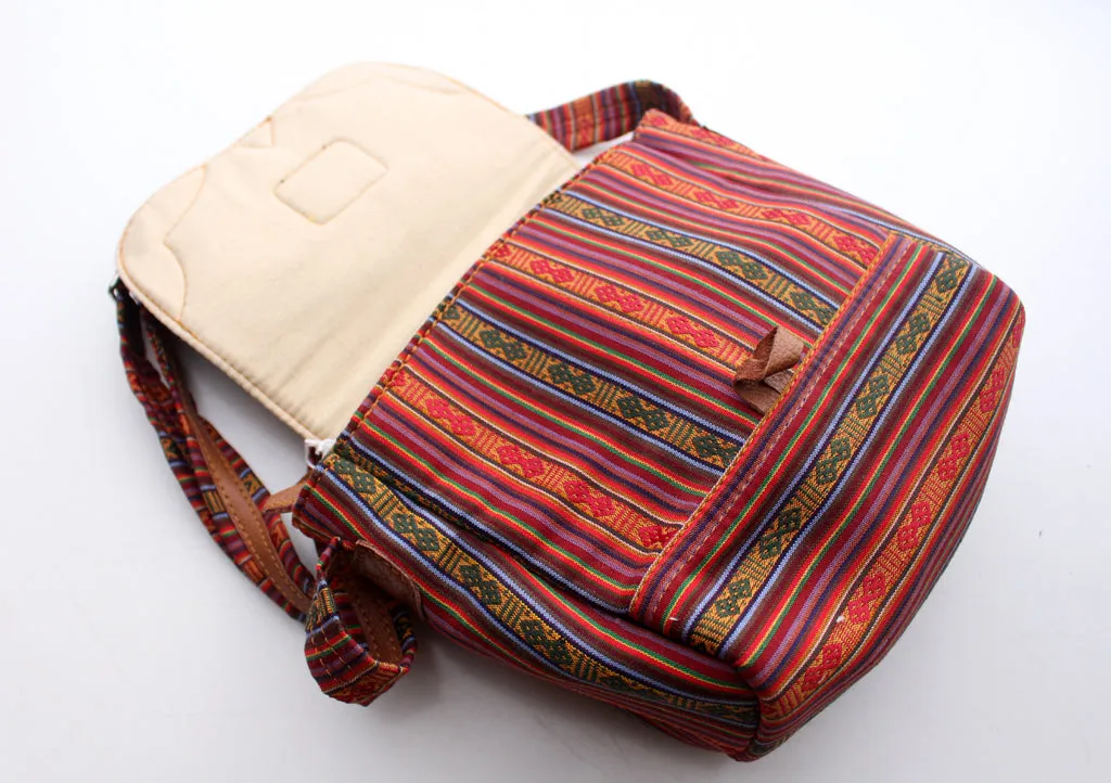 Bhutanese Fabric Multicolor Side Carry Cotton Bag With Leather Edging