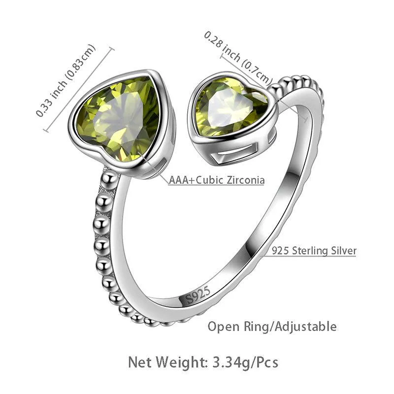 Birthstone August Peridot Love Hearts Ring Jewelry Women Girls Birthday Gift