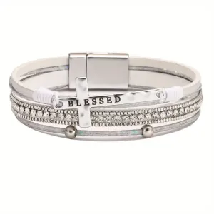 Blessed With Cross Leatherette Magnetic Bracelet With Cross (White & Silver)