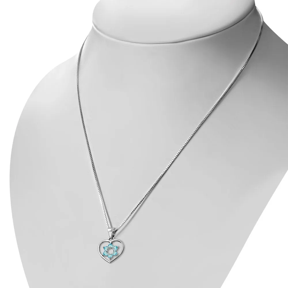 Blue Topaz CZ Heart Star of David Silver Pendant