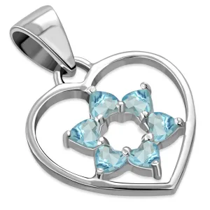 Blue Topaz CZ Heart Star of David Silver Pendant