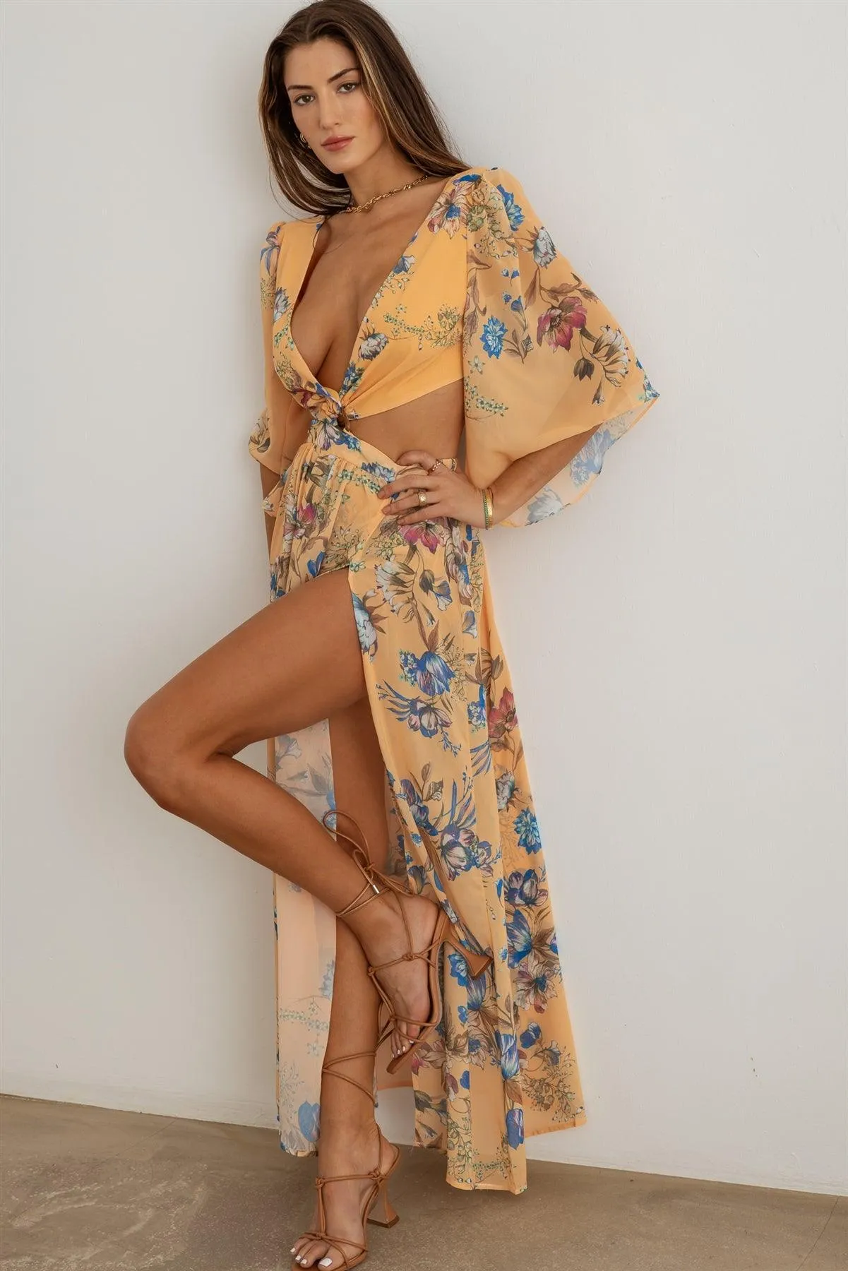 Boho Flower Criss-Cross O-Ring Side Slit Maxi Dress