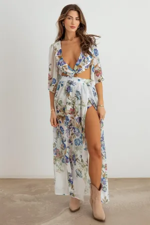 Boho Flower Criss-Cross O-Ring Side Slit Maxi Dress