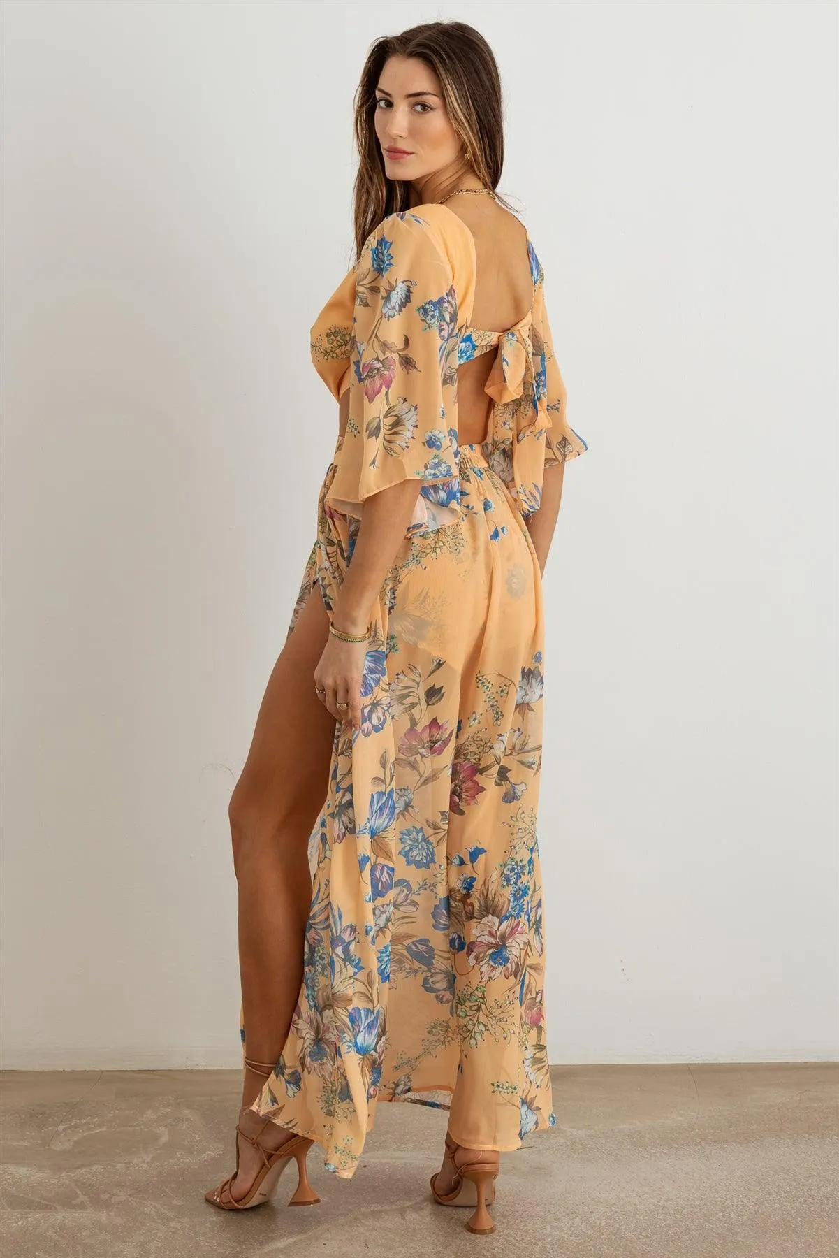 Boho Flower Criss-Cross O-Ring Side Slit Maxi Dress