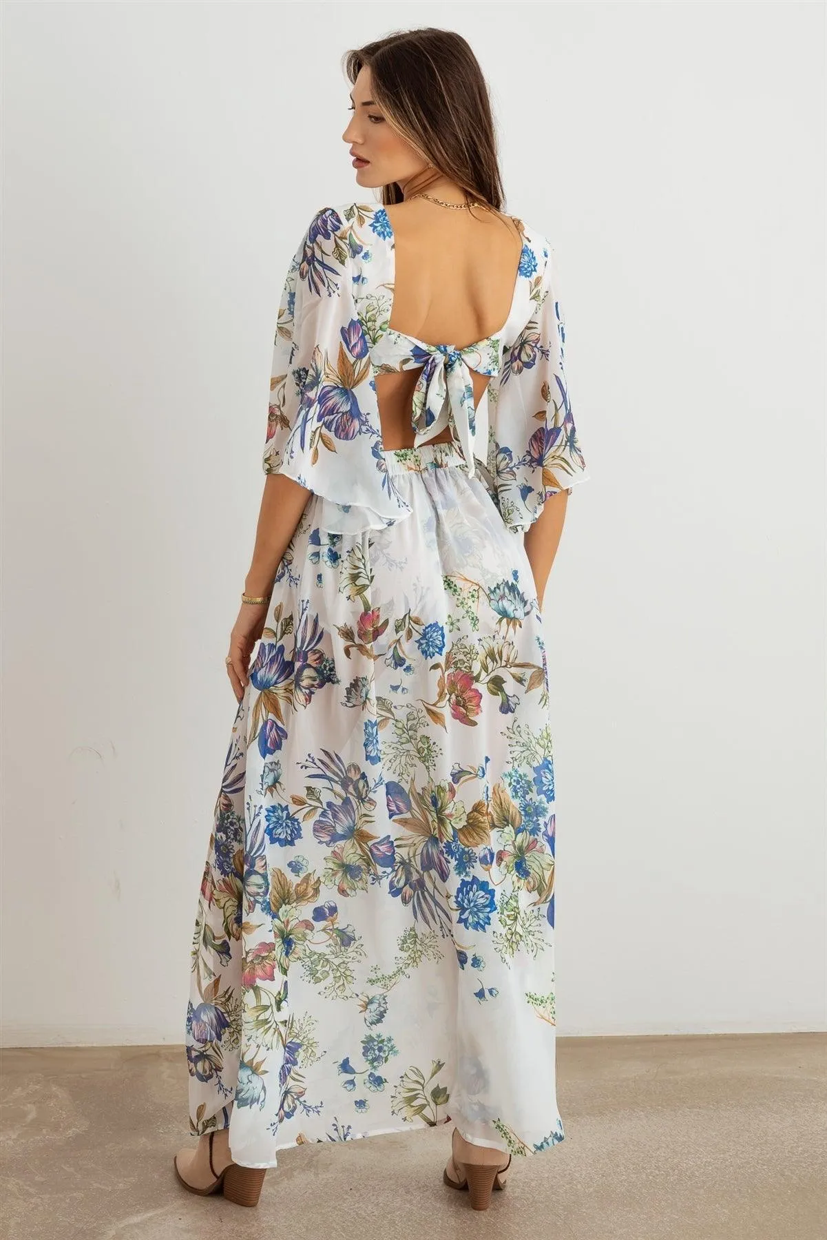 Boho Flower Criss-Cross O-Ring Side Slit Maxi Dress