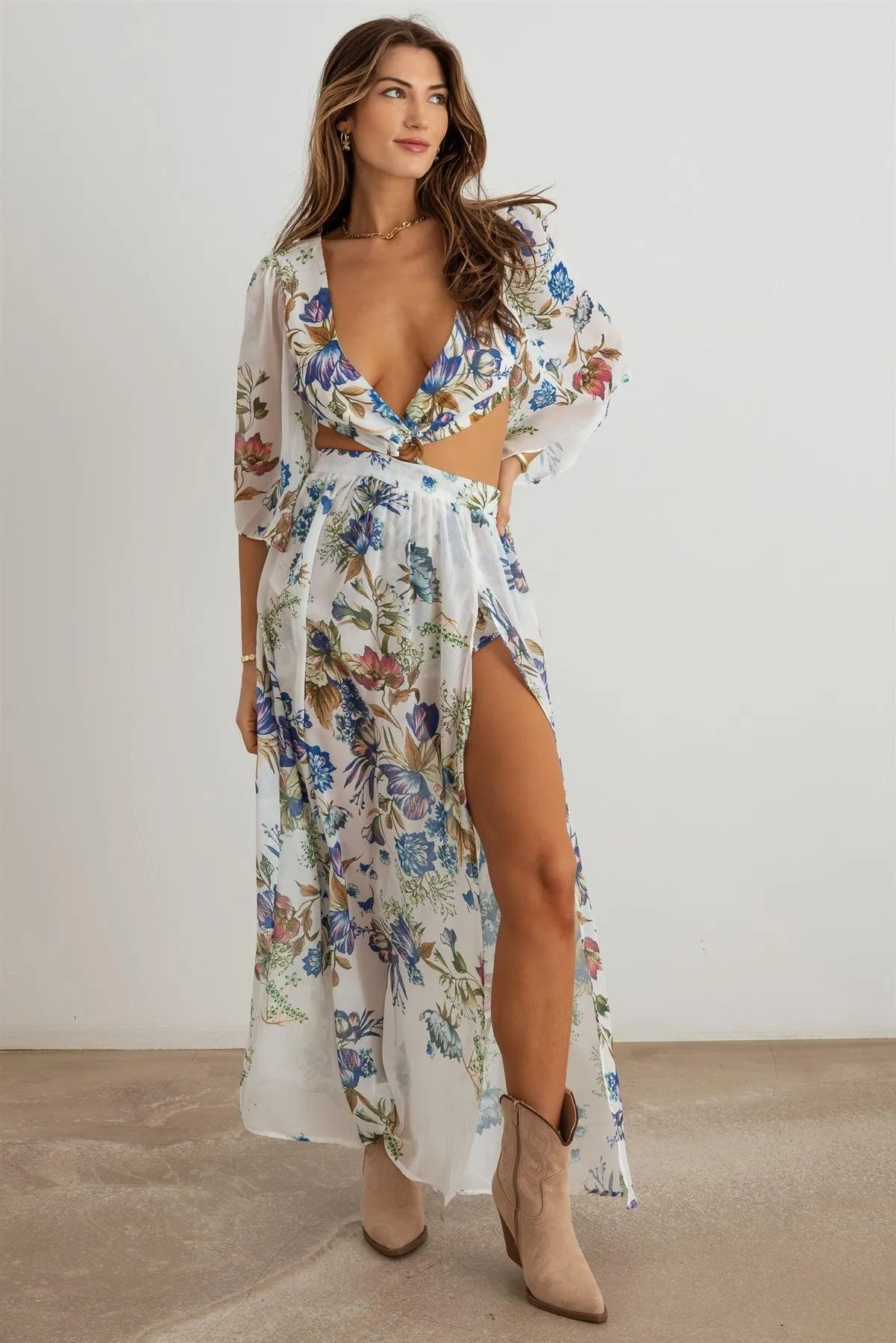 Boho Flower Criss-Cross O-Ring Side Slit Maxi Dress