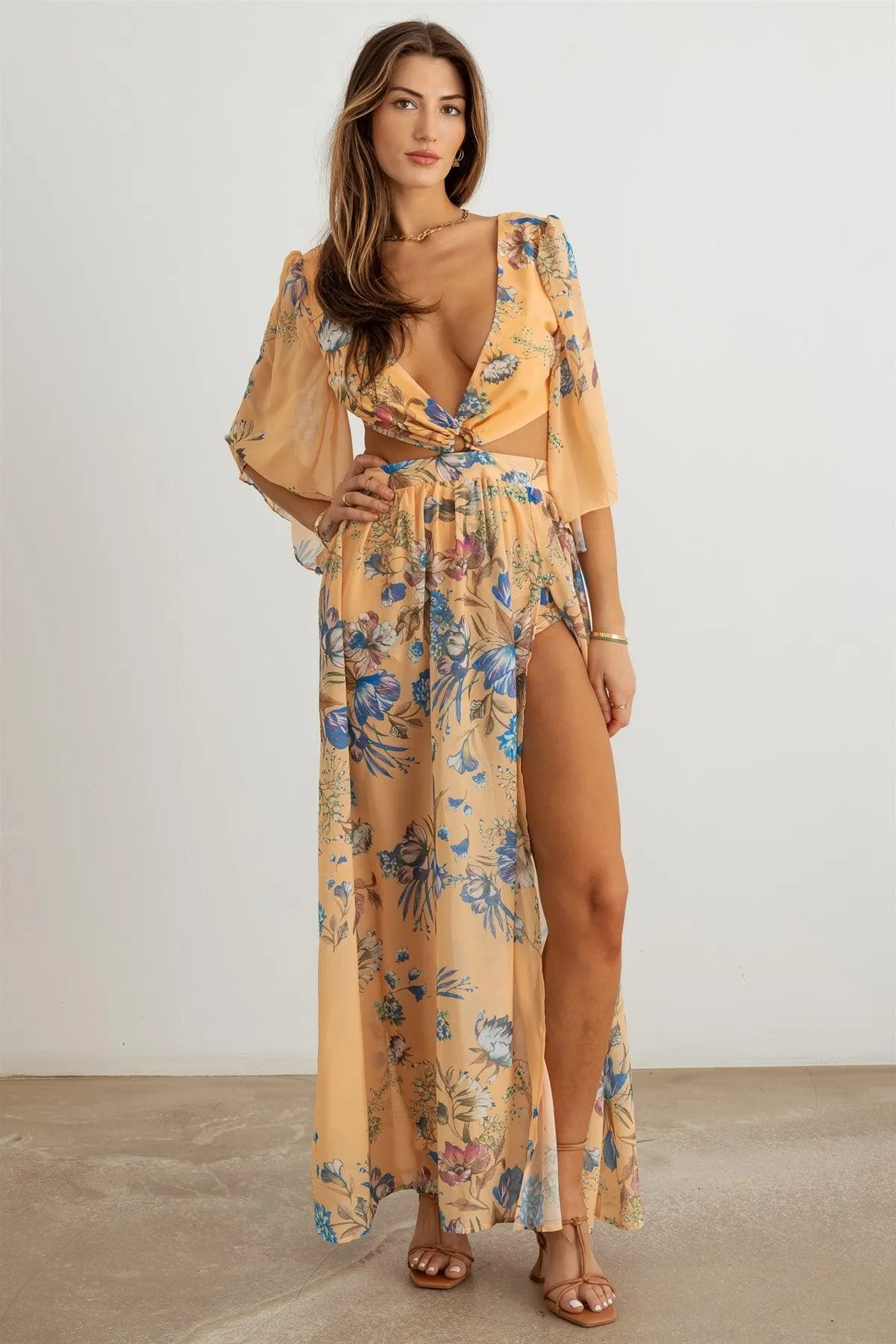 Boho Flower Criss-Cross O-Ring Side Slit Maxi Dress