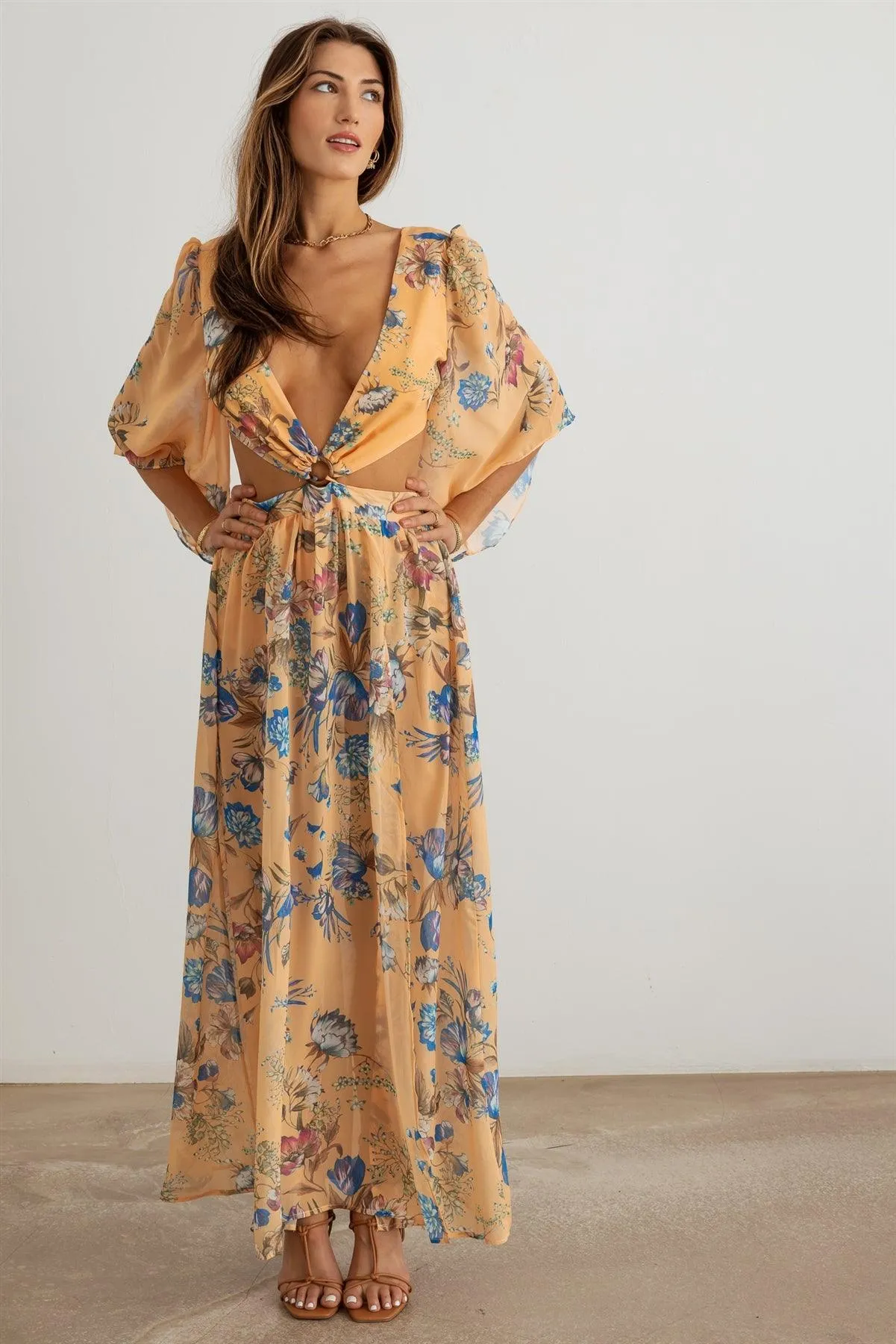 Boho Flower Criss-Cross O-Ring Side Slit Maxi Dress