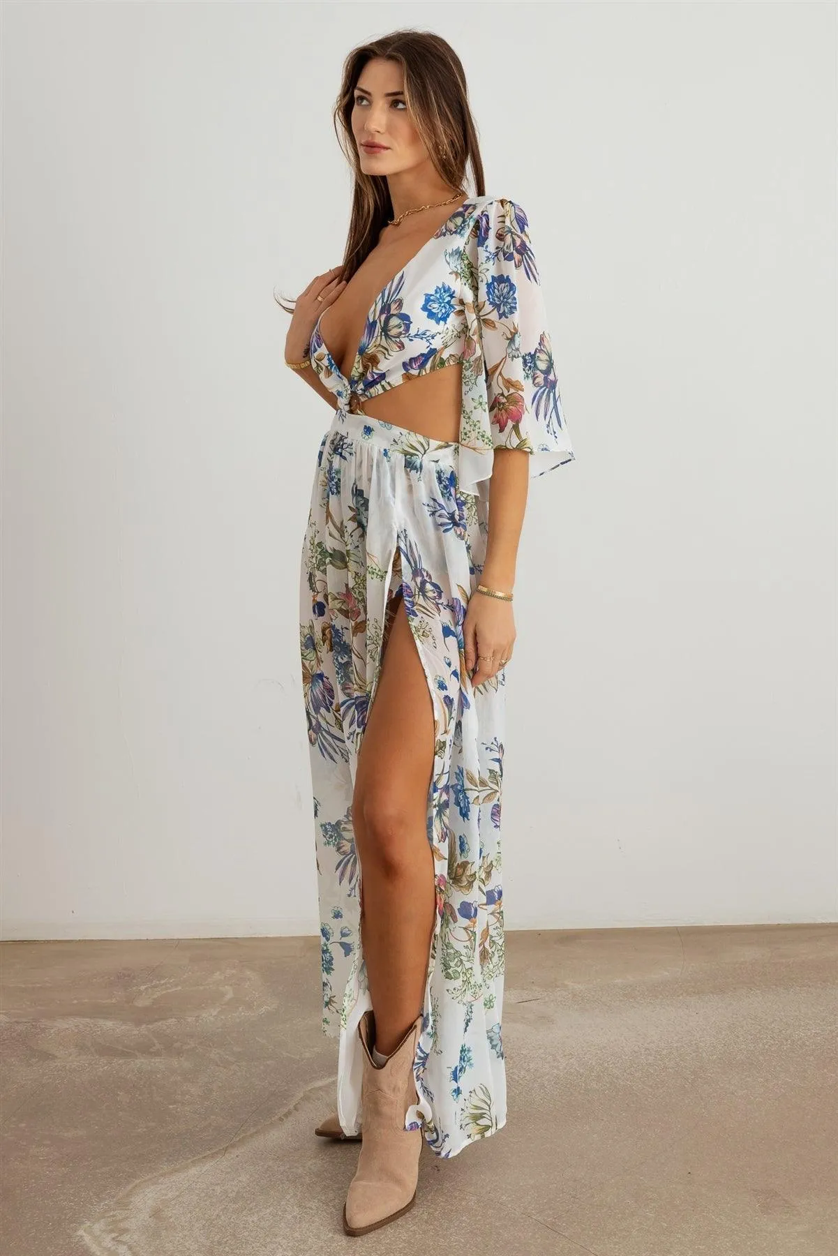 Boho Flower Criss-Cross O-Ring Side Slit Maxi Dress