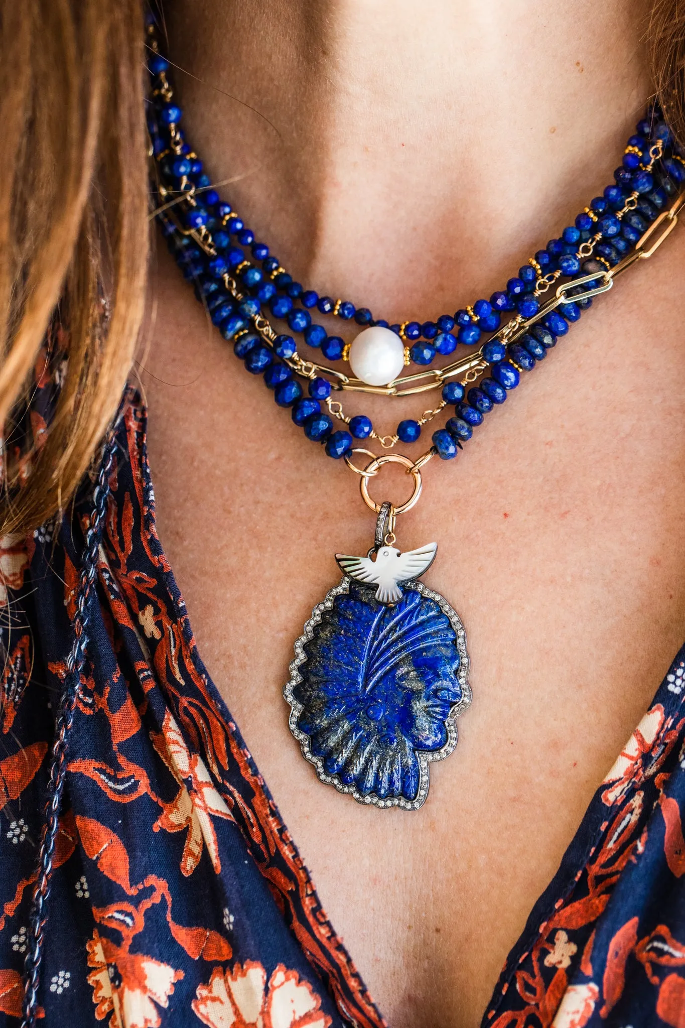 Carved Lapis Native Headdress Pendant